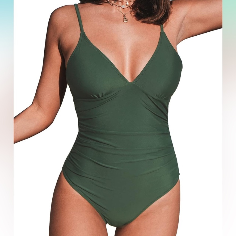CUPSHE Women's One Piece Swimsuit Tummy Control V Neck Bathing Suits Green NWT